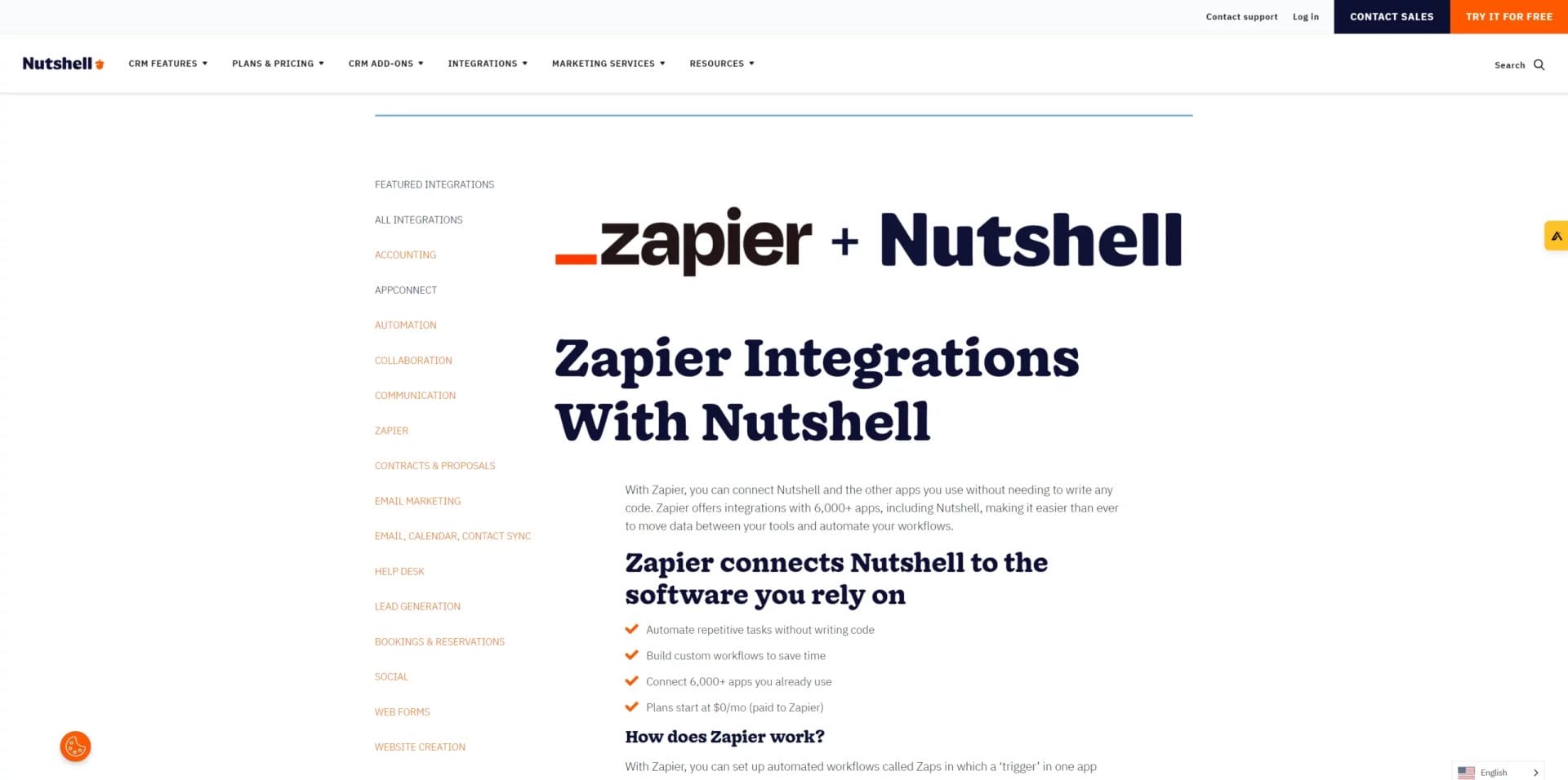Zapier integration page for Nutshell CRM