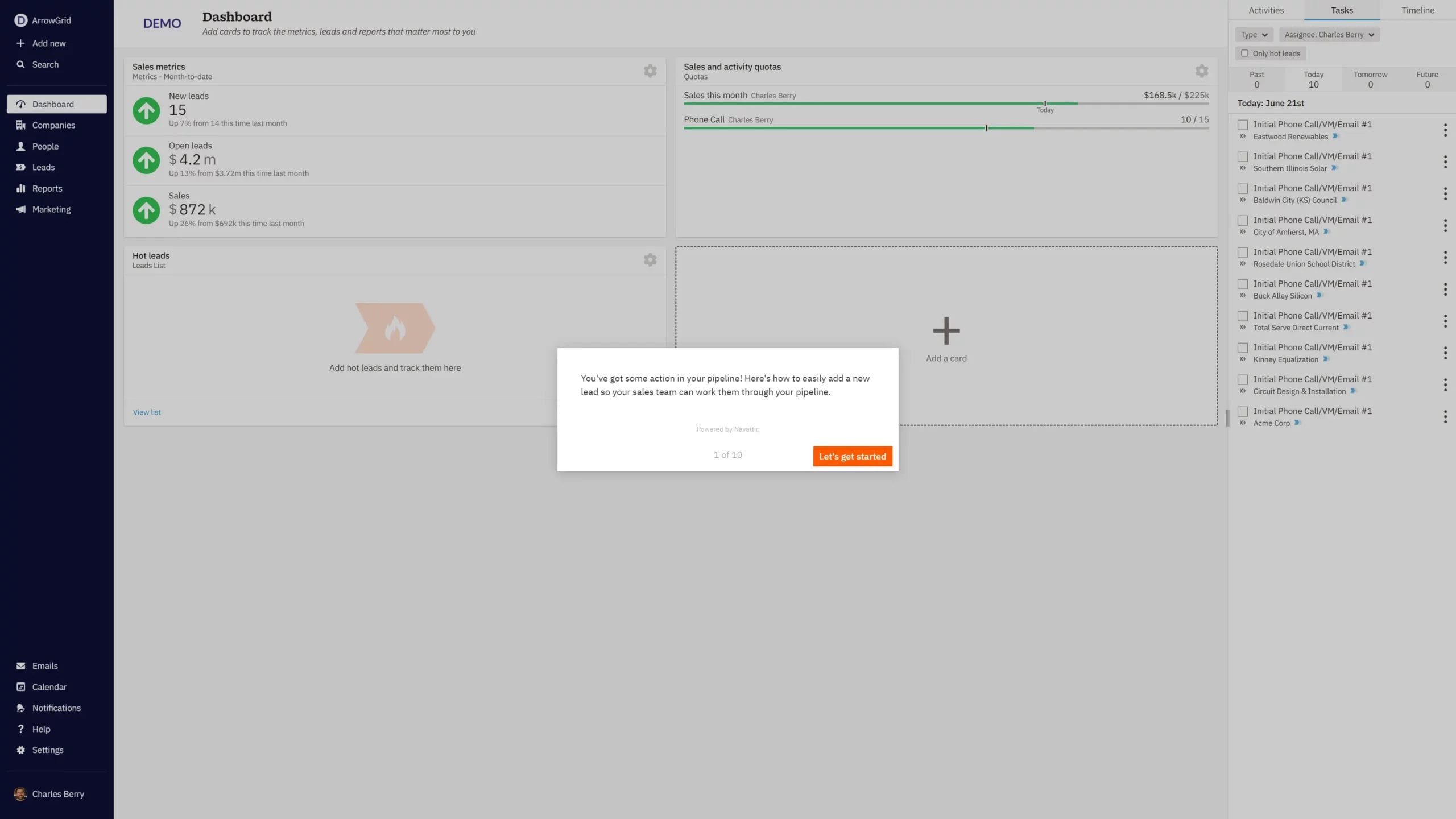Nutshell walk through screenshot showing how to add a new lead