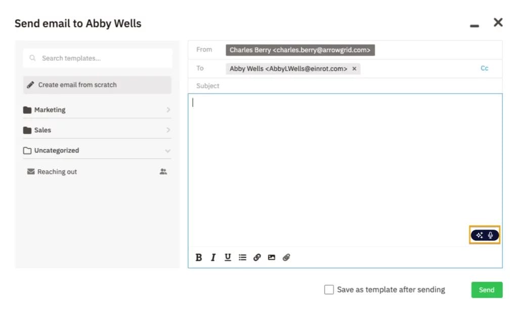 notetaker button at the bottom of the Nutshell email sending window