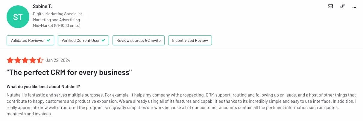 A positive review of Nutshell CRM from someone in the marketing industry