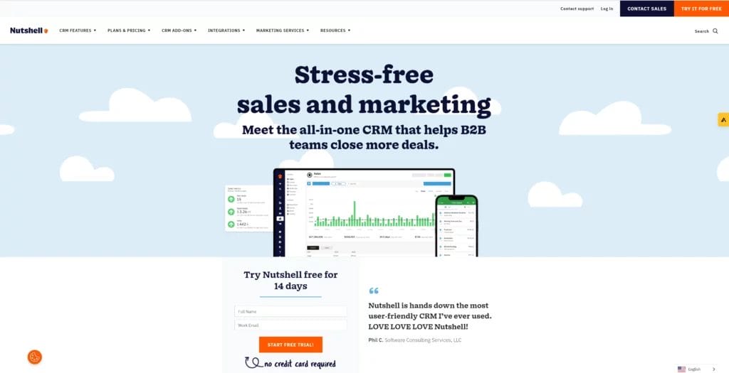 Screenshot of Nutshell CRM software website