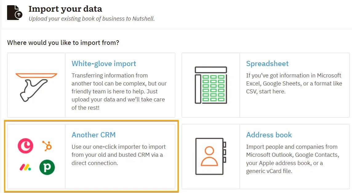 Table of CRM data import options with the option to import from another CRM highlighted