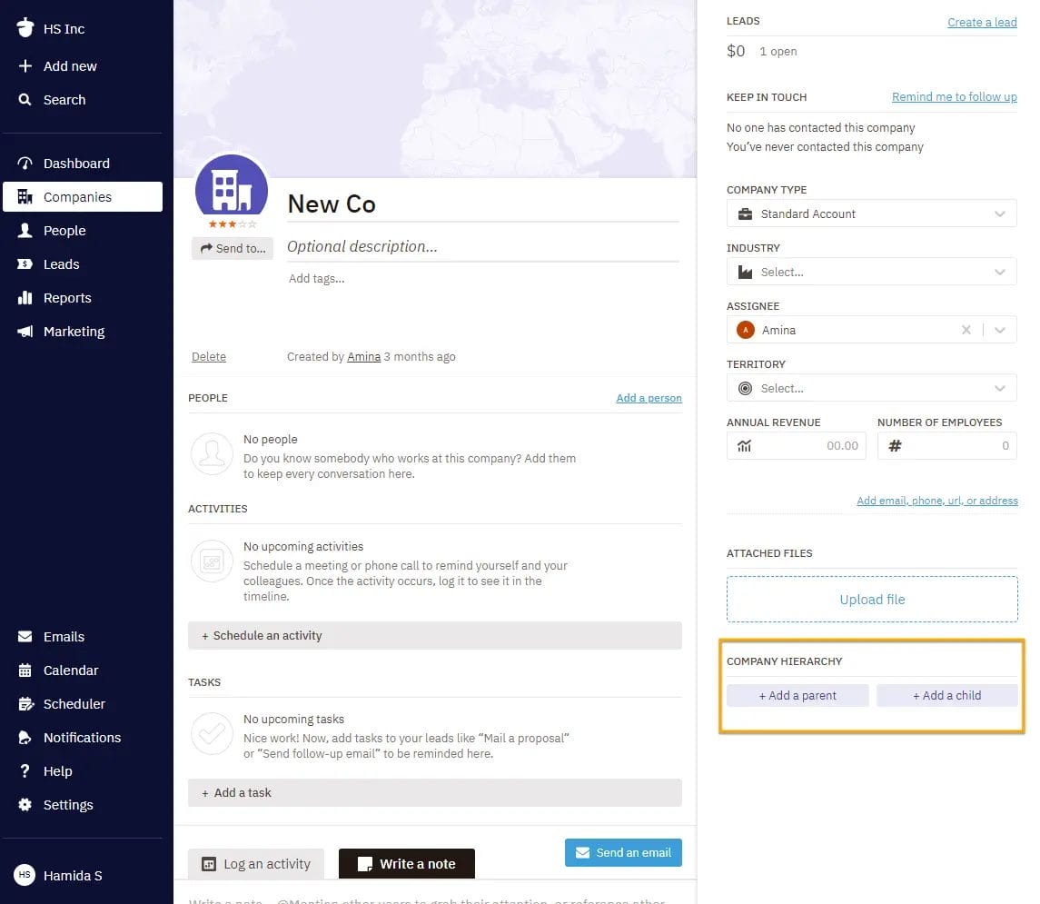 Company page on the Nutshell dashboard with the company hierarchy section highlighted