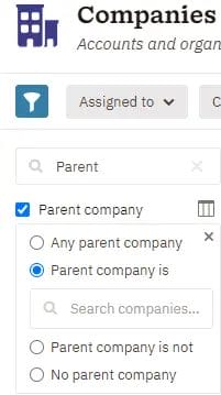 Options to filter lists by parent company