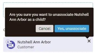 popup message for unassociating a child lead from a parent