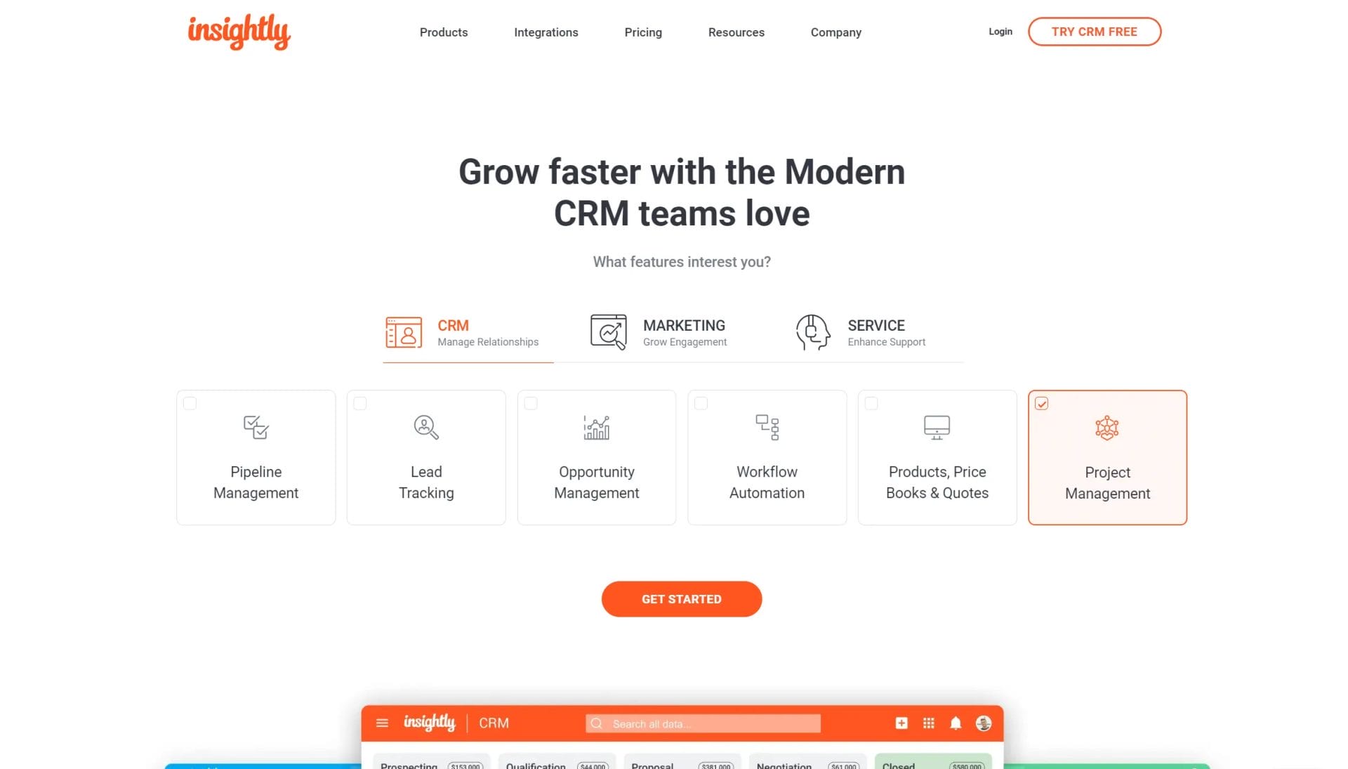 Insightly CRM homepage