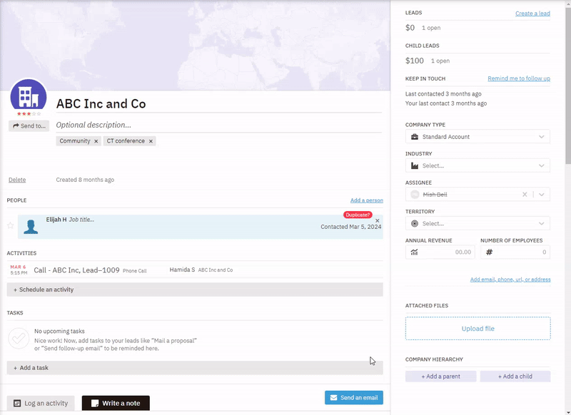 a cursor moves to edit and add parent and child companies and leads to contacts