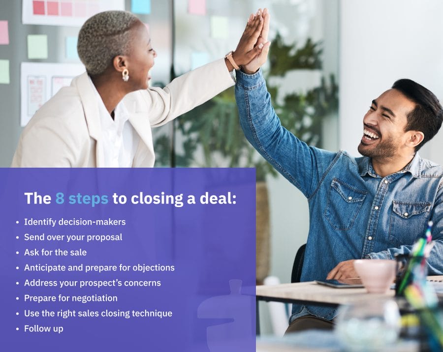 coworkers doing high 5 five with a text overlay of the 8 steps to closing a deal