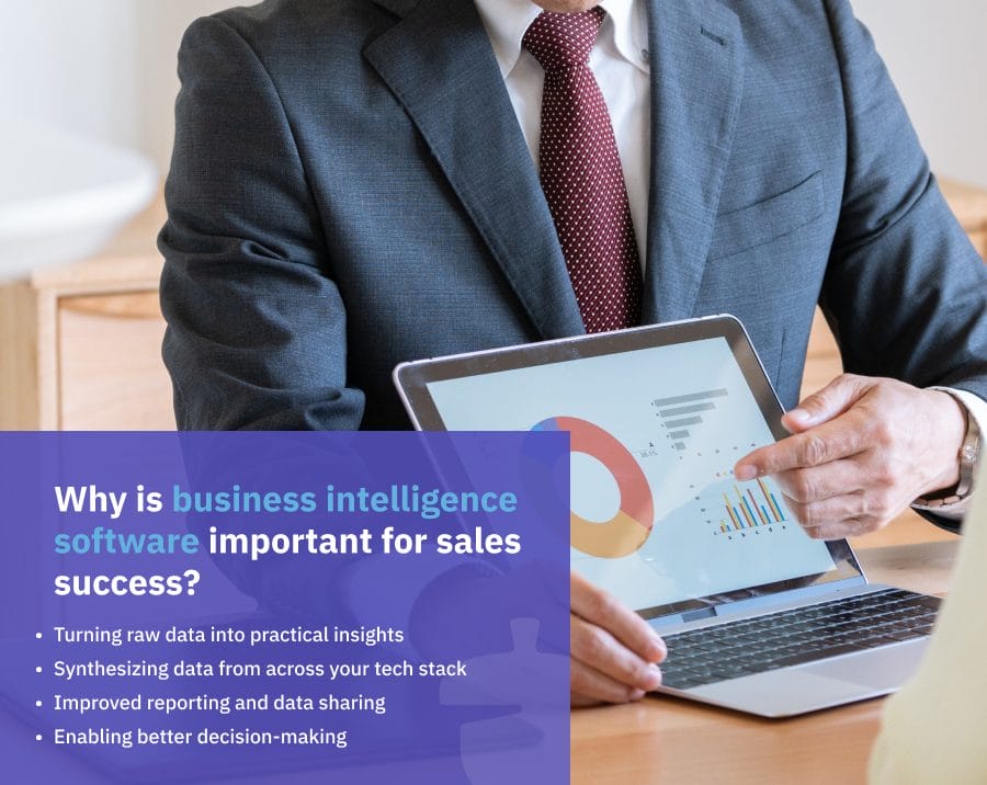 pointing on a graph showing from a laptop with text overlay of why business intelligence software is important for sales