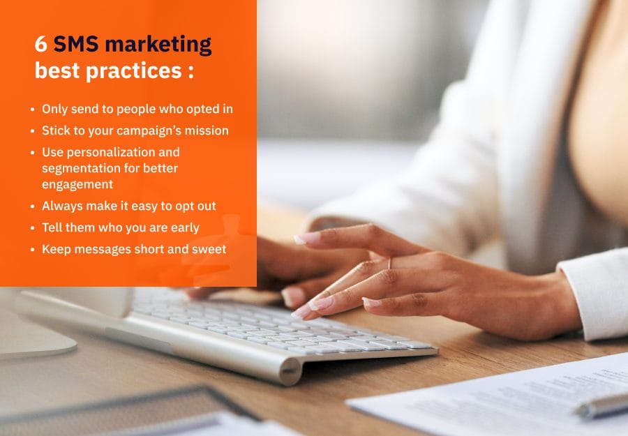 someone typing on a keyboard with text overlay about sms marketing best practices