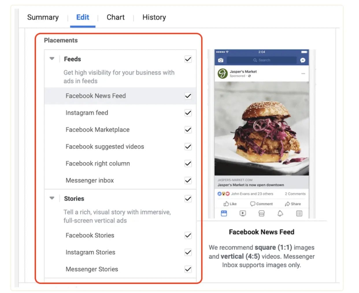 Facebook advertising editing page for placement
