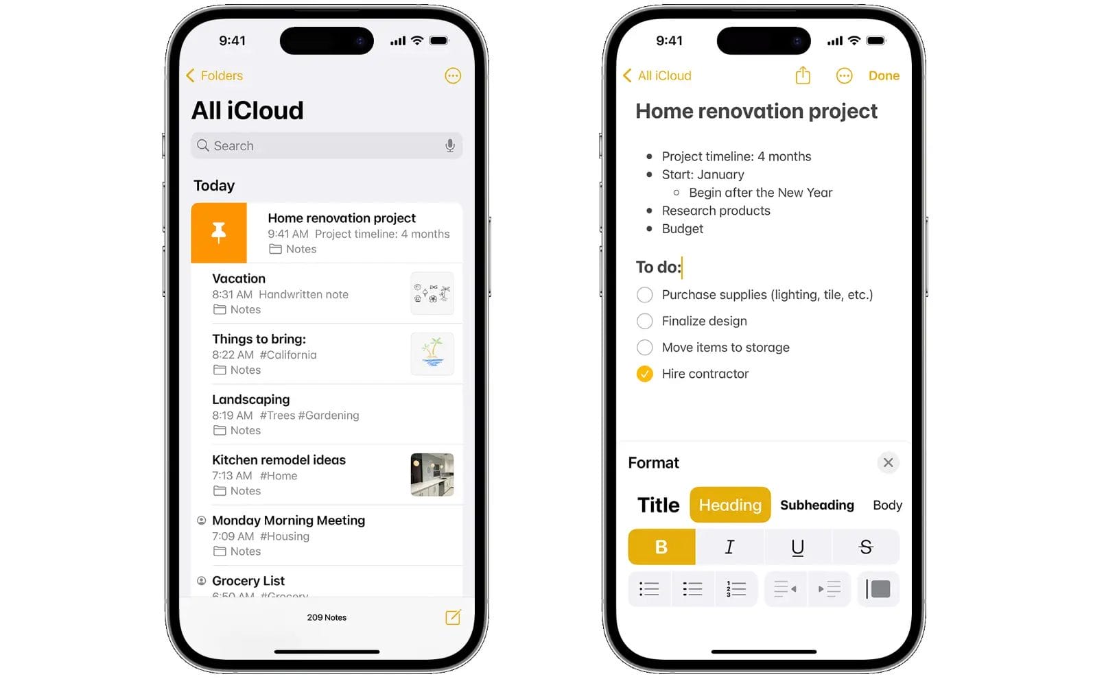 Two smartphone screenshots for Apple Notes