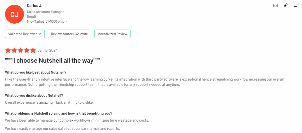 Positive G2 review for Nutshell from Carlos J