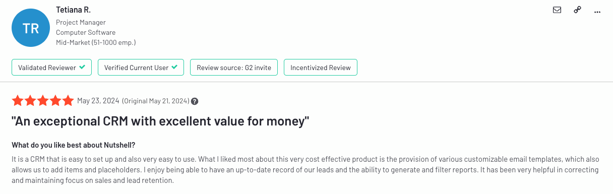 Positive G2 review for Nutshell from Tetiana R