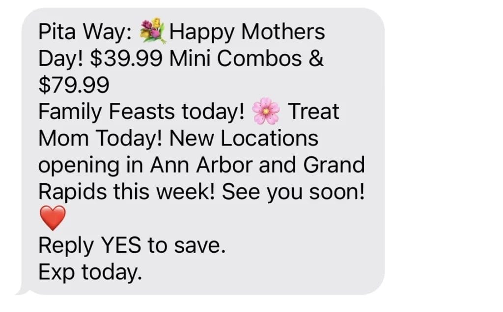 Promotional SMS for mother's day specials
