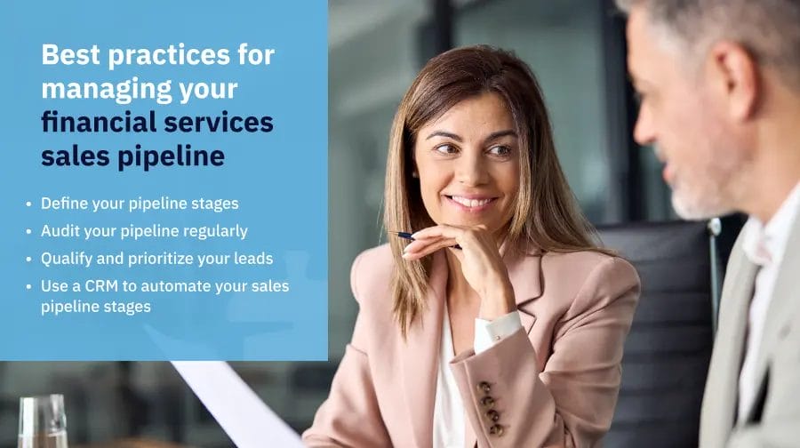 a lady holding pen and paper talking a guy with a text overlay of the best practices of how to manage a sales pipeline for your financial services company