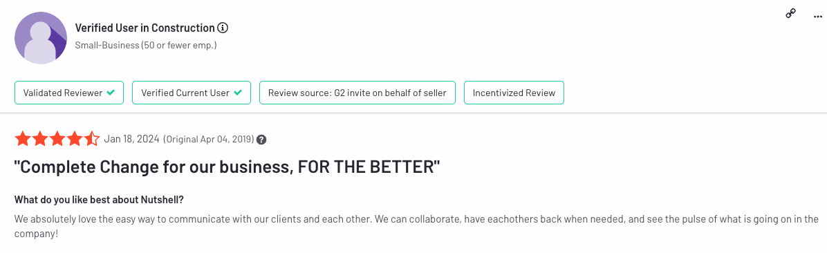 Nutshell G2 review from a user in construction