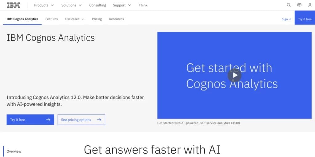Homepage for IBM cognos analytics