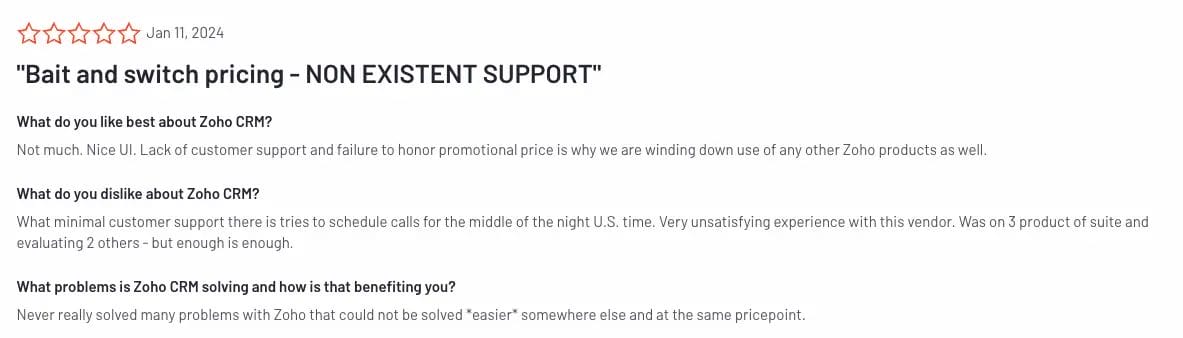 negative review at Zoho CRM mentioning bad customer support 