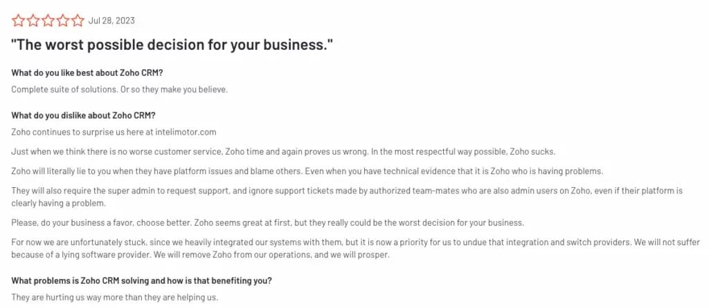 negative review of Zoho CRM