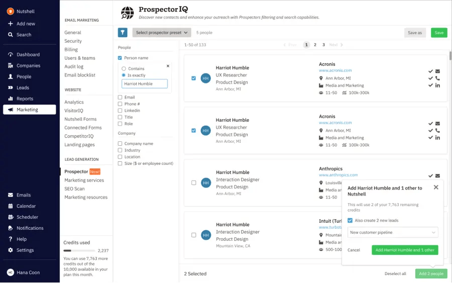 creating a lead using ProspectorIQ in Nutshell