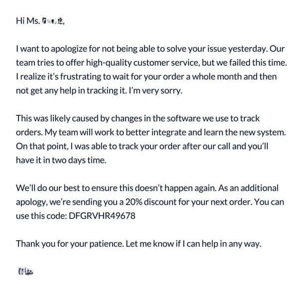 apology email for a late delivery