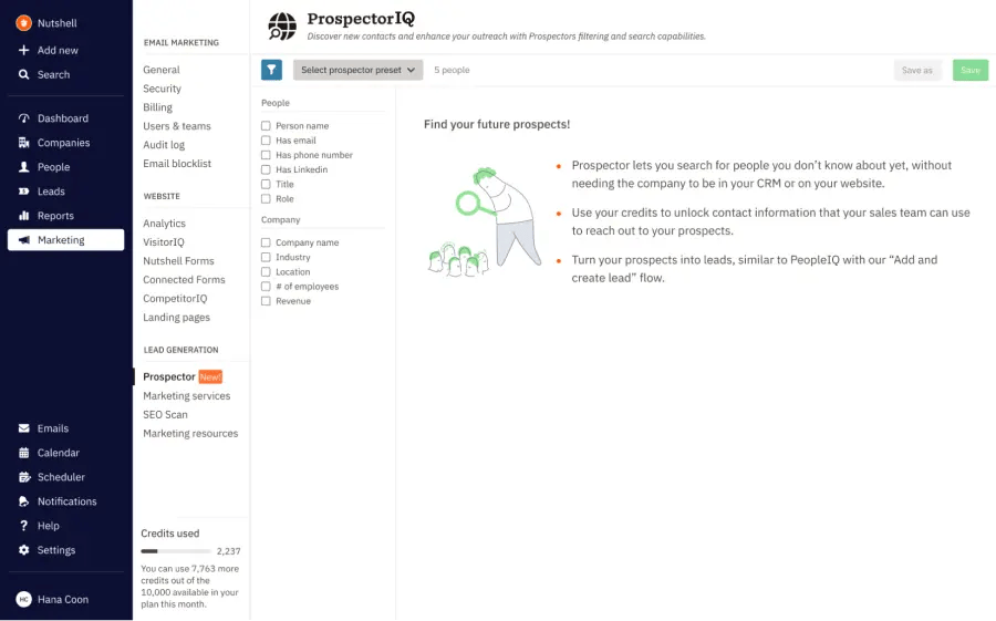 Nutshell ProspectorIQ dashboard