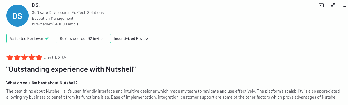 positive G2 review for Nutshell from a user in education management