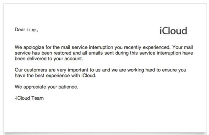 apology email from iCloud for a mail service interruption