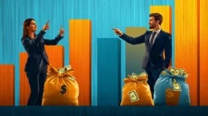 A man and a lady in business suits pointing toward a bar chart