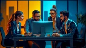 a diverse group of business professionals gathered around a computer