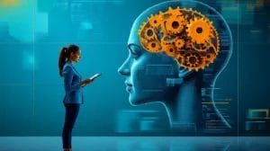 a lady stands with a clipboard taking notes while looking at a large side profile of a head with cog wheels