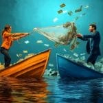 two people in a boat hold onto a fishing net while hauling up a catch from a river of money