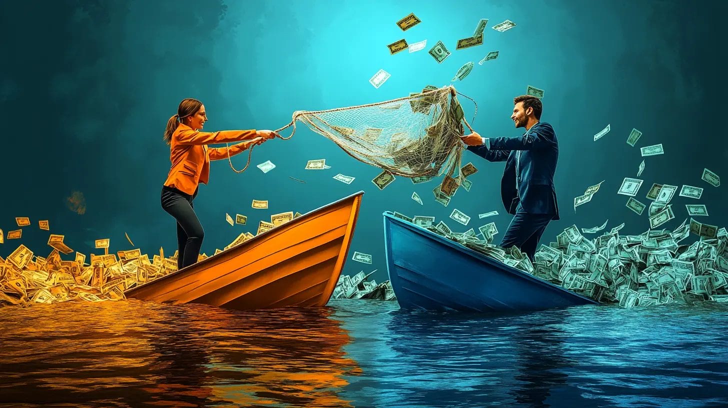 two people in a boat hold onto a fishing net while hauling up a catch from a river of money