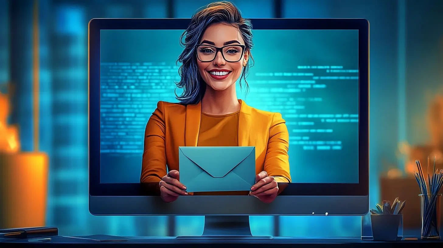a computer monitor with a woman stepping out from within the frame smiling while holding out an envelope