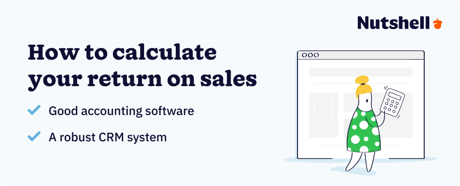 a graphic of a lady holding a calculator with a webpage background and text overlay of how to calculate your return on sales