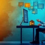 A man sitting at a computer desk looking to his monitor while talking with a headset with a miniature house on the desk