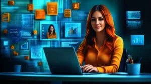 A lady sitting in front of a table with a laptop and a large image of the person&#039;s social media profile at the back