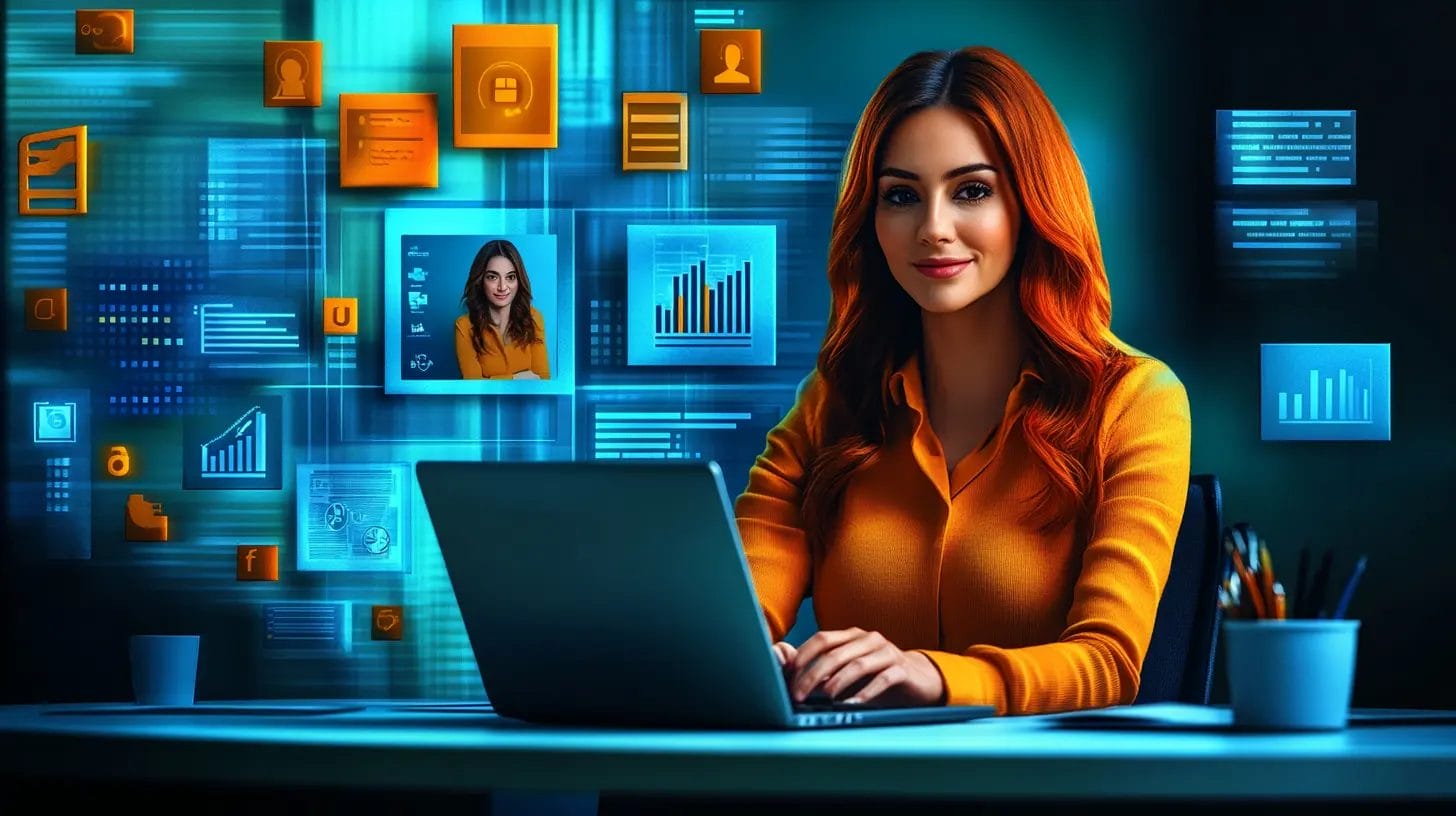 A lady sitting in front of a table with a laptop and a large image of the person&#039;s social media profile at the back