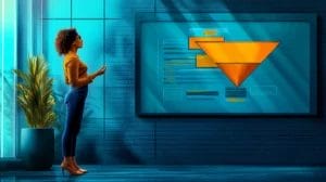 A lady is looking at a drawing of a sales funnel on a whiteboard