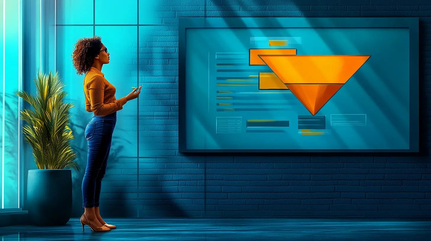 A lady is looking at a drawing of a sales funnel on a whiteboard