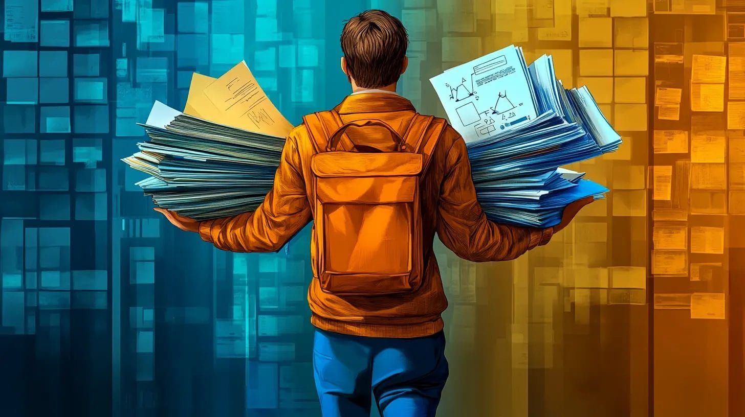 a person wearing a backpack is carrying a stack of papers on both hands