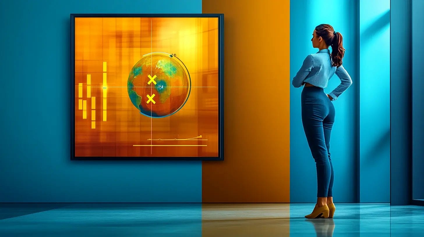 A person tracking competitors on a screen with a globe with x marks