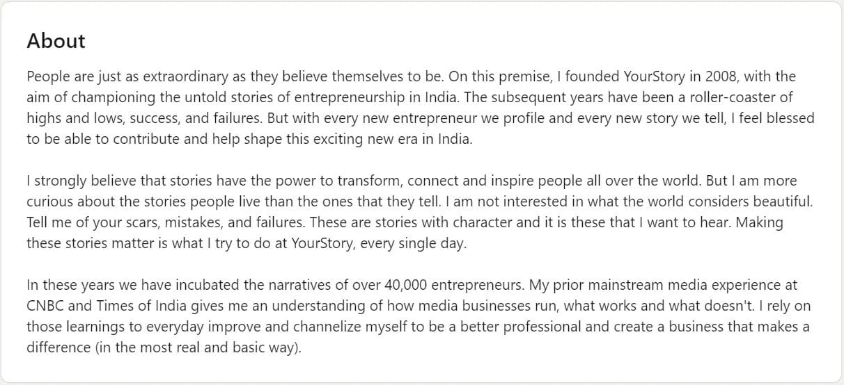 LinkedIn profile summary of Shrada Sharma