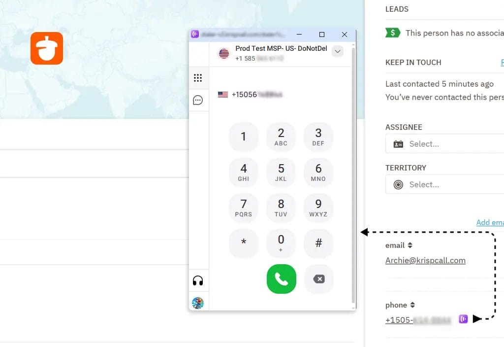 Screenshot of Krispcall live caller pop-up in Nutshell