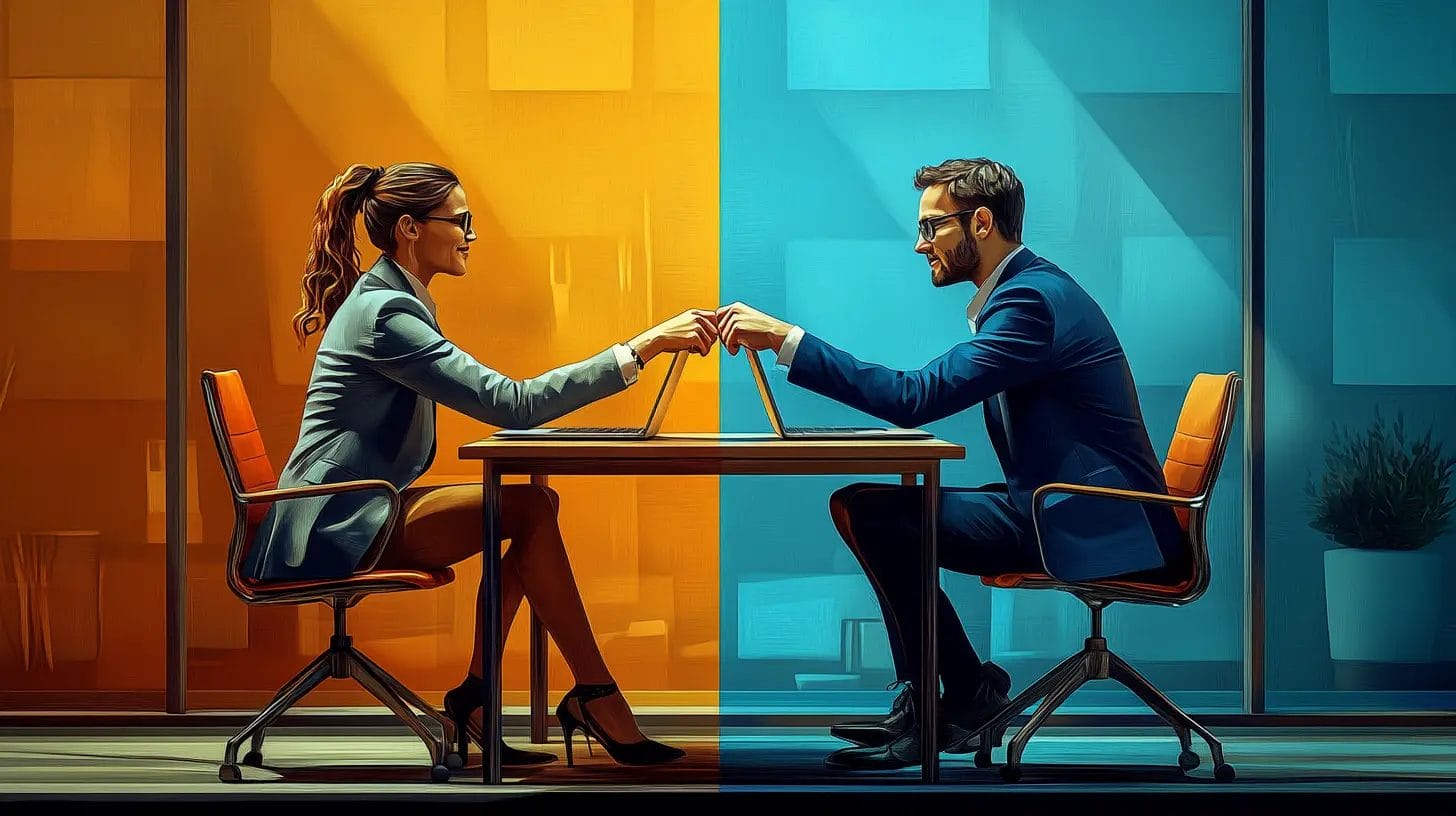 two individuals sitting on one table and both working on their laptops doing a fist bump