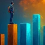 a person is standing on top of a giant bar graph and looking forward on the far end