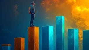 a person is standing on top of a giant bar graph and looking forward on the far end