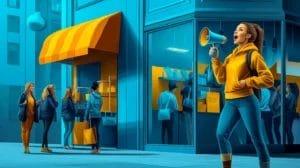 One person with a megaphone is promoting a small store and people are lining up to buy