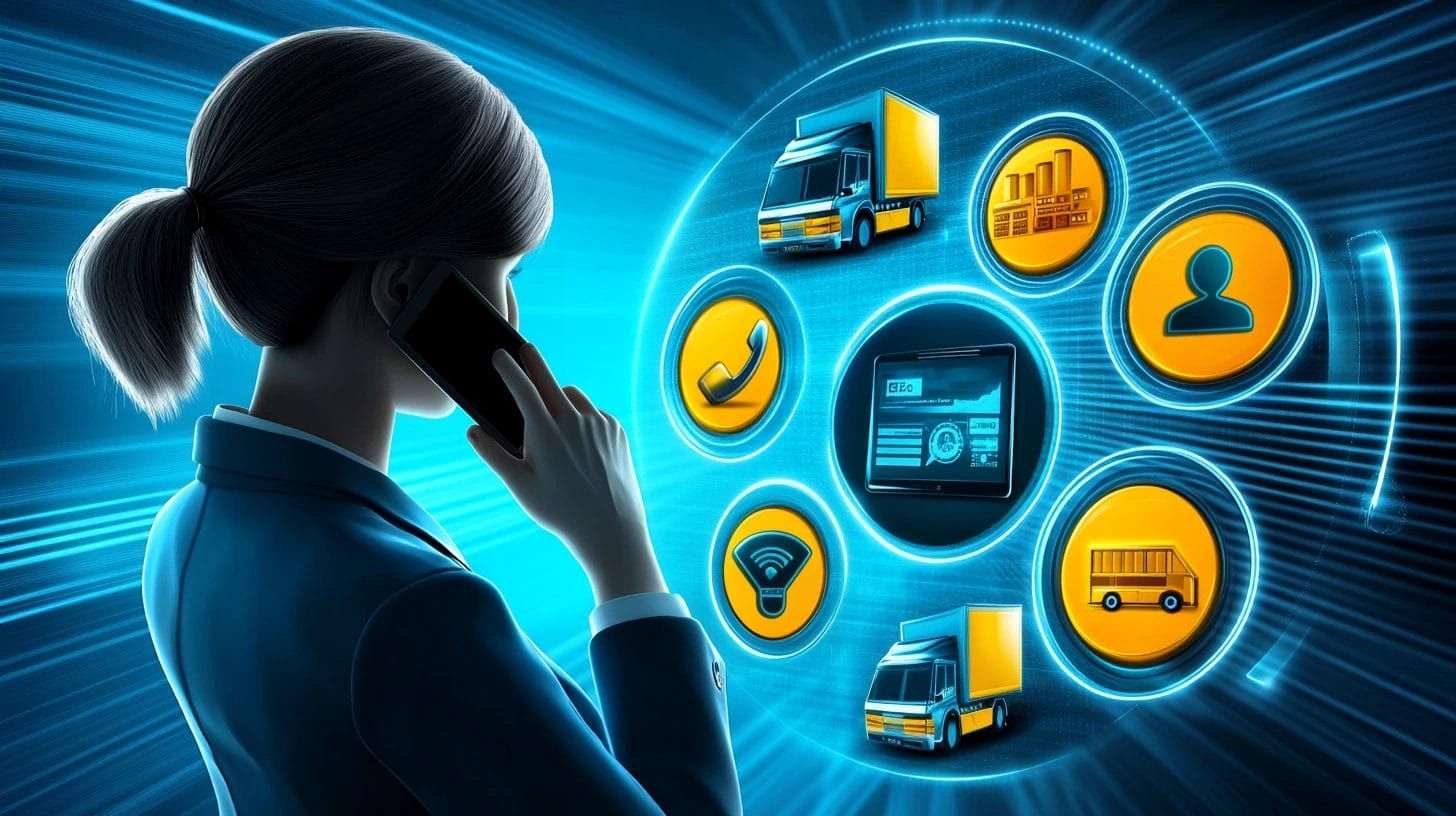 Businesswoman on the phone with a circle full of graphics in front of her